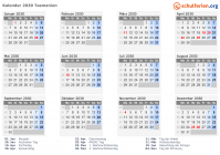 Kalender 2030 mit Ferien und Feiertagen Tasmanien