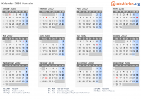 Kalender 2030 mit Ferien und Feiertagen Bahrain