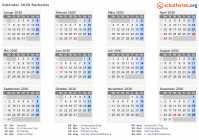 Kalender 2030 mit Ferien und Feiertagen Barbados