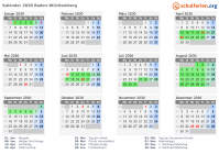 Kalender 2030 mit Ferien und Feiertagen Baden-Württemberg
