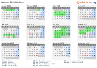 Kalender 2030 mit Ferien und Feiertagen Hamburg