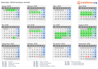 Kalender 2030 mit Ferien und Feiertagen Sachsen-Anhalt