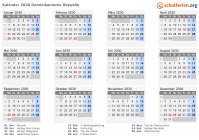 Kalender 2030 mit Ferien und Feiertagen Dominikanische Republik