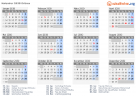 Kalender 2030 mit Ferien und Feiertagen Eritrea