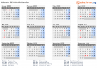 Kalender 2030 mit Ferien und Feiertagen Großbritannien