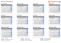 Kalender 2030 mit Ferien und Feiertagen Niger
