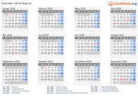 Kalender 2030 mit Ferien und Feiertagen Nigeria