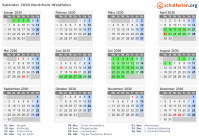 Kalender 2030 mit Ferien und Feiertagen Nordrhein-Westfalen