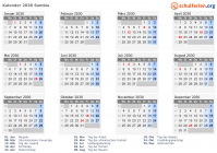 Kalender 2030 mit Ferien und Feiertagen Sambia