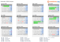 Kalender 2030 mit Ferien und Feiertagen Aargau