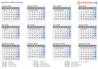 Kalender 2030 mit Ferien und Feiertagen Freiburg