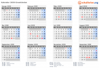 Kalender 2030 mit Ferien und Feiertagen Graubünden