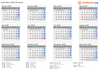 Kalender 2030 mit Ferien und Feiertagen Schweiz