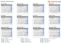 Kalender 2030 mit Ferien und Feiertagen Schwyz