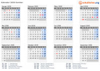 Kalender 2030 mit Ferien und Feiertagen Serbien