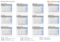 Kalender 2031 mit Ferien und Feiertagen Armenien