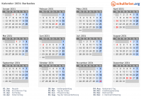 Kalender 2031 mit Ferien und Feiertagen Barbados