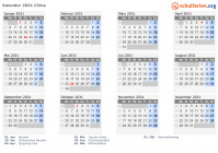 Kalender 2031 mit Ferien und Feiertagen China