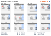 Kalender 2031 mit Ferien und Feiertagen Baden-Württemberg