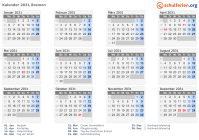 Kalender 2031 mit Ferien und Feiertagen Bremen