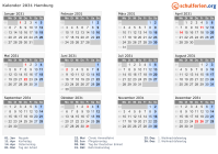 Kalender 2031 mit Ferien und Feiertagen Hamburg