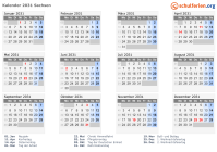 Kalender 2031 mit Ferien und Feiertagen Sachsen