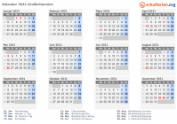 Kalender 2031 mit Ferien und Feiertagen Großbritannien