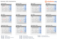 Kalender 2031 mit Ferien und Feiertagen Kambodscha