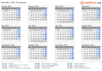Kalender 2031 mit Ferien und Feiertagen Kirgisistan