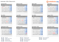 Kalender 2031 mit Ferien und Feiertagen Österreich