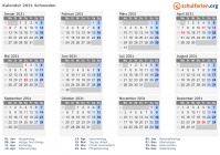 Kalender 2031 mit Ferien und Feiertagen Schweden