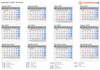Kalender 2031 mit Ferien und Feiertagen Schweiz