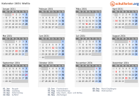 Kalender 2031 mit Ferien und Feiertagen Wallis