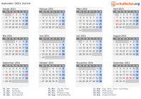 Kalender 2031 mit Ferien und Feiertagen Zürich
