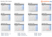 Kalender 2031 mit Ferien und Feiertagen Ungarn