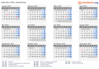 Kalender 2031 mit Ferien und Feiertagen Usbekistan