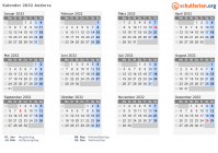 Kalender 2032 mit Ferien und Feiertagen Andorra