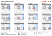 Kalender 2032 mit Ferien und Feiertagen Argentinien