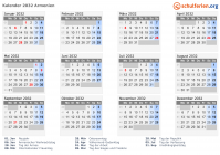 Kalender 2032 mit Ferien und Feiertagen Armenien
