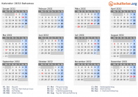 Kalender 2032 mit Ferien und Feiertagen Bahamas