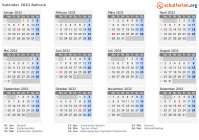Kalender 2032 mit Ferien und Feiertagen Bahrain