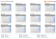 Kalender 2032 mit Ferien und Feiertagen Barbados
