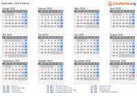 Kalender 2032 mit Ferien und Feiertagen Belize