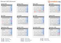 Kalender 2032 mit Ferien und Feiertagen Dänemark