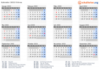 Kalender 2032 mit Ferien und Feiertagen Eritrea