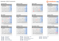 Kalender 2032 mit Ferien und Feiertagen Frankreich