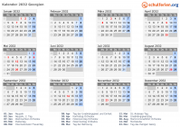 Kalender 2032 mit Ferien und Feiertagen Georgien