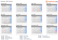 Kalender 2032 mit Ferien und Feiertagen Ghana