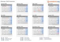 Kalender 2032 mit Ferien und Feiertagen Grönland