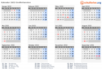 Kalender 2032 mit Ferien und Feiertagen Großbritannien